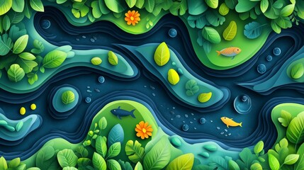 Layered Paper Cut Style River and Jungle Scene with Fish and Lush Greenery