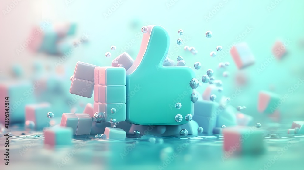 Poster 3d render of a turquoise thumbs-up symbol surrounded by floating cubes and bubbles in a serene setti