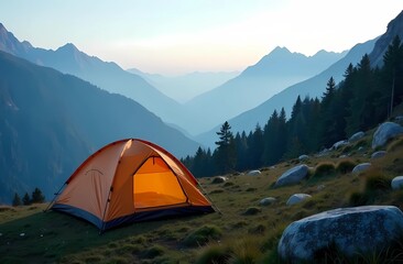 Mountain camping with orange tent surrounded by nature, fog and scenic landscape, outdoor tourism concept