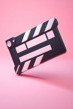 An isolated and detailed depiction of a clapperboard against a pink backdrop