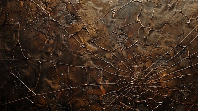 A close-up of a spiderweb with dew drops on a textured, brown surface. - Powered by Adobe