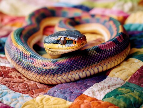 A coiled python snake with vibrant colors on a textured fabric surface.