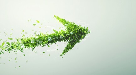 Green arrow made of lush leaves symbolizing eco-friendly growth, sustainability, and technology in the digital era.