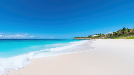Serene tropical beach with clear blue waters and white sand under a sunny sky