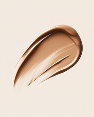 Fototapeta premium smooth, glossy swatch of warm beige cream foundation is elegantly smeared on a soft off-white background, highlighting its luxurious texture and ideal for beauty and cosmetic visuals