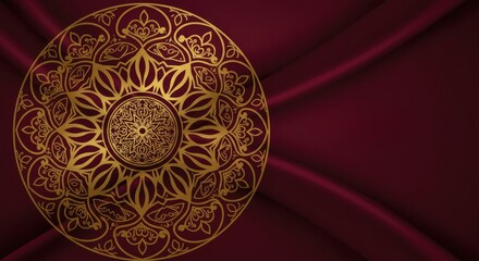 Golden Mandala on Burgundy Silk: An ornate golden mandala, intricate in detail and radiating elegance, rests on a backdrop of rich burgundy silk, creating a luxurious and sophisticated design.  