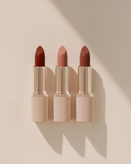 Three elegant lipstick tubes in varying shades of nude and brown are arranged neatly against a soft beige background, showcasing sleek, modern packaging and beautiful colors, beauty marketing