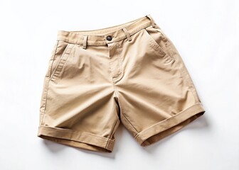 Beige Casual Shorts on Plain White Background - Stock Photo
