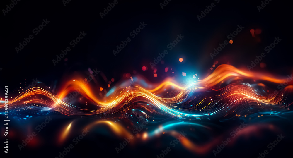 Poster Abstract flowing light waves in orange and blue hues create a dynamic and vibrant design against a dark backdrop. Sparkles and reflections enhance depth.