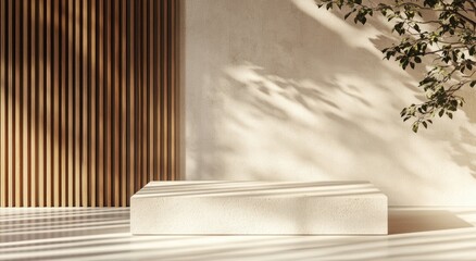 Minimalist, light-filled, wooden-paneled room with display podium