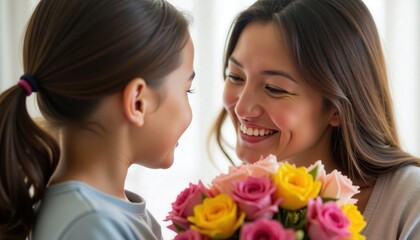 Smiling mother receiving a colorful bouquet of roses from her daughter indoors during a bright afternoon