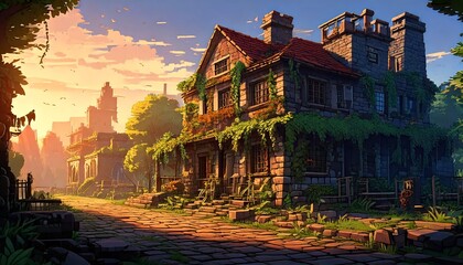 レトロゲーム風の自然のピクセルアート背景（廃墟の外観） Generative AI