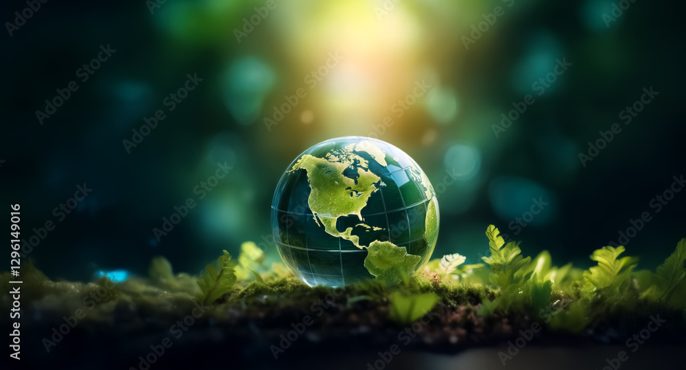 Poster a luminous globe rests on vibrant green moss and plants, softly illuminated by a gentle light, creat