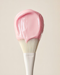 A soft, glossy pink cream rests on a makeup brush against a pale backdrop, emphasizing smooth texture and artistic flair in beauty, perfect for cosmetics and skincare branding