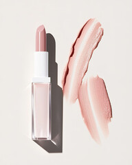 A chic nude lipstick is showcased next to a smooth swatch of creamy pink on a soft beige background, capturing elegance and modern beauty, perfect for cosmetic branding