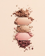 An artistic arrangement of four eyeshadow pans in soft nude and pink tones, alongside their crushed powders, set against a pastel background, perfect for beauty and makeup promotion
