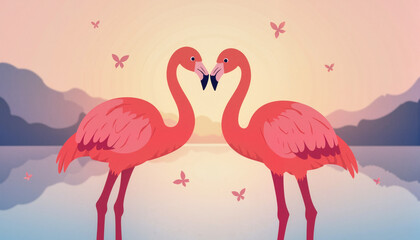 Naklejka premium Flamingos forming a heart at serene lake at dawn, love and unity