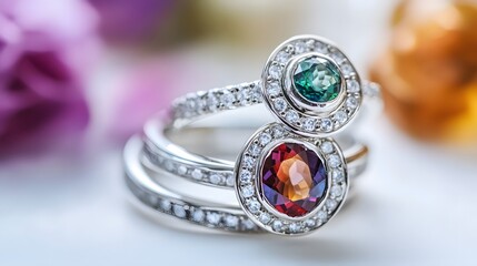 A set of three silver rings with different gemstones, stacked together on a white surface