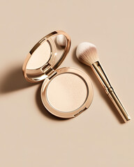 An elegant compact of translucent powder sits open beside a soft-bristled makeup brush on a smooth beige surface, showcasing sophistication in cosmetic design and beauty essentials