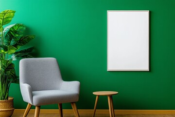 A photo of an empty frame mockup hanging on the wall in a Scandinavian living room with wooden furniture and teal walls, showcasing natural light from large windows. The chair is made of grey