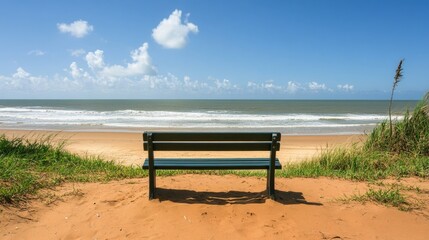 Serene Beachfront Tranquility Wooden Bench Overlooking Ocean Waves, Sand Dune, Blue Sky