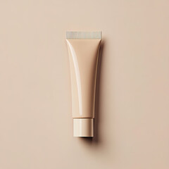 A minimalist beauty shot of a sleek, beige cosmetic tube placed on a similar toned background, exemplifying elegant design and modern aesthetics in skincare or makeup products