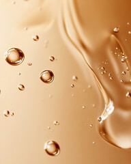 An abstract close-up of shimmering golden liquid drops against a smooth, warm-toned background, showcasing luxurious textures and an ethereal quality ideal for beauty and skincare branding