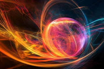 Obraz premium Abstract Energy Sphere Vibrant Orange Red Yellow Blue Light Trails Swirling Dynamic Powerful Futuristic Background Design Illustration Graphic Art 