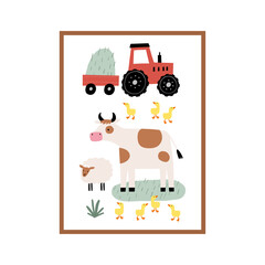 Cute farm animals in flat style. Hand-drawn country animals on farm. Childish character. Cartoon flat graphic vector poster or card