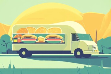 Fototapeta premium Colorful Food Truck with Burgers and Buns in Scenic Setting