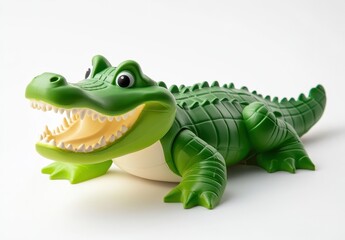 Fototapeta premium Playful Green Alligator Toy with Open Mouth and Shiny Eyes, Perfect for Outdoor Fun and Children's Playtime Activities