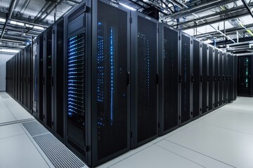 Server room with multiple computer servers in racks. Technological equipment for computational tasks and network services.
