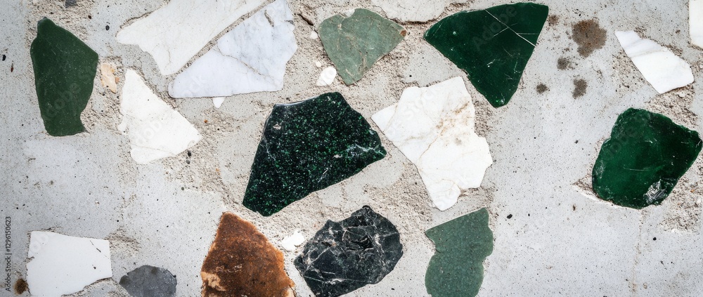 Poster this mosaic features an intricate arrangement of green and white marble pieces, creating visually ap