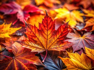 Fototapeta premium Crisp macro shot of vibrant autumn leaves, showcasing detailed texture and sharp focus in natural light.