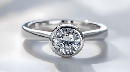 A luxury engagement ring with a round-cut diamond in a bezel setting, displayed on a pristine white background