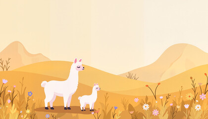 Llama mother and baby in serene meadow at golden hour, nurturing bond