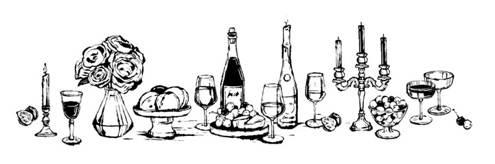 Romantic wine bottle illustration, vector hand drawn ink Italian date champagne glass table print. Elegant alcohol drinks design, wedding menu print  beverages aesthetic poster. Valentine wine bottle