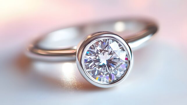 A luxury engagement ring with a round-cut diamond in a bezel setting, displayed on a pristine white background