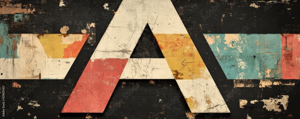 Poster large, weathered letter 'a' with multiple colors on a dark background creating a striking visual eff