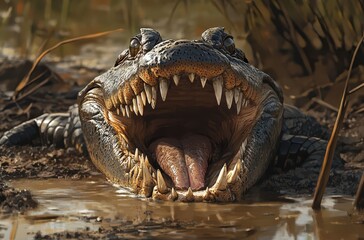 Obraz premium Powerful Predator in the Wild: Close-Up of a Large Crocodile with Wide Open Mouth Captured in Natural Habitat on a Sunny Day
