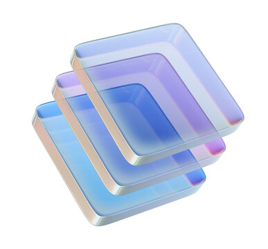 3D transparent square layers, holographic glass material rectangle shape, abstract futuristic blocks. Geometric glossy flying board plate technology cyber techno composition. 3D square plastic display