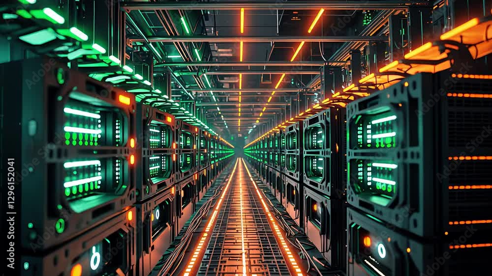 Poster futuristic data center with endless rows of server racks, green and orange led lights, and high-tech
