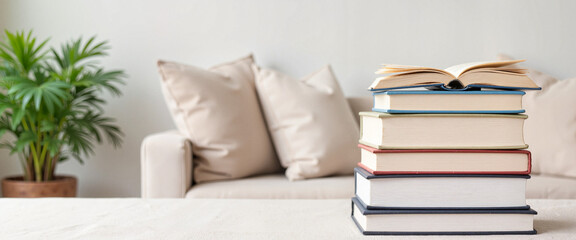 Minimalist book stack in serene reading nook, tranquil ambiance
