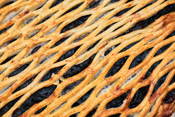Close-up of a golden lattice-crust pie with a rich, dark fruit filling. Perfect for bakery, food, or dessert concepts.