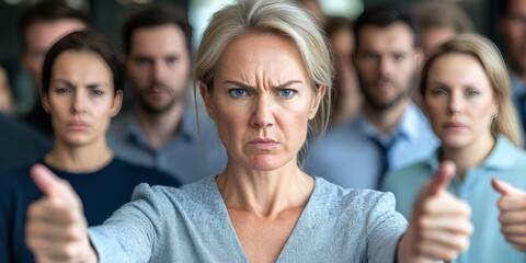 Bullying At Work, Colleagues Surrounding An Isolated Woman, Pointing And Gesturing Aggressively.