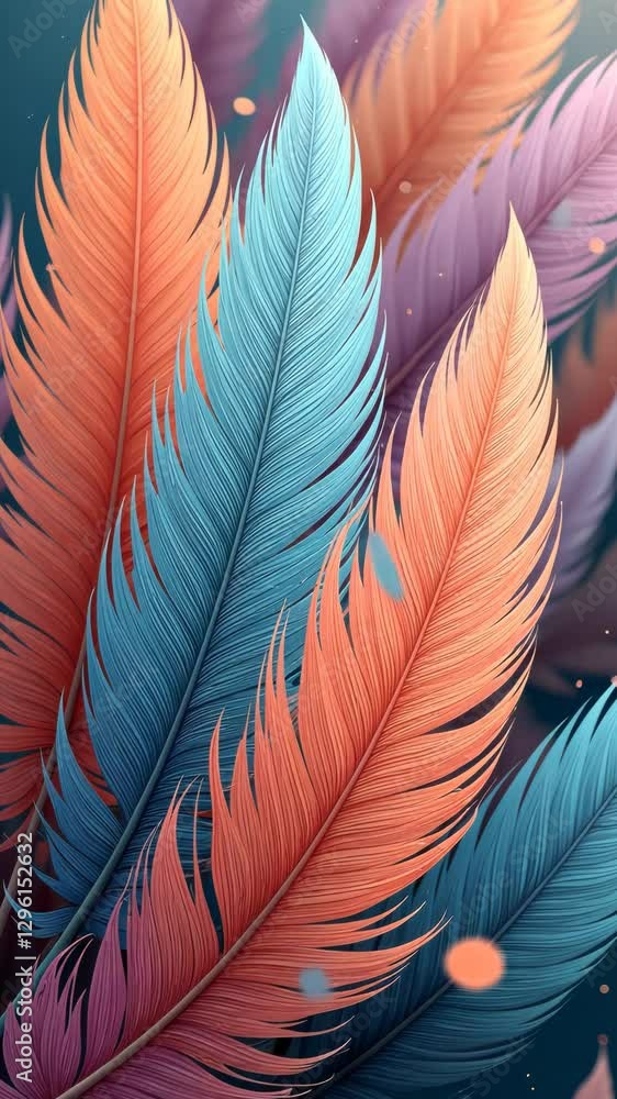 Poster a colorful feather with a blue and orange stripe. the feather is in the middle of the image