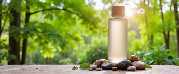 Stylish bottle in serene outdoor setting, nature's elegance