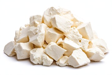 A pile of mozzarella cheese isolated on a white background, a studio shot, photorealistic, high-resolution photography