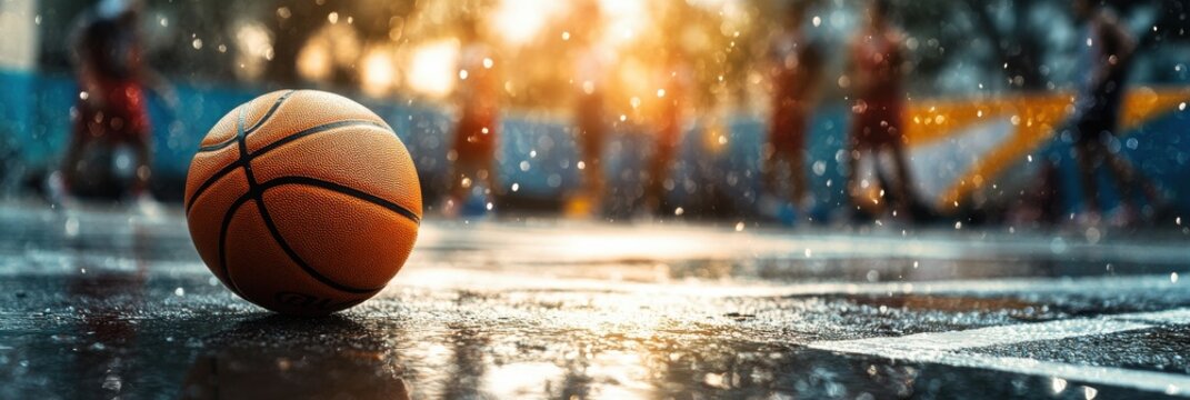 Basketball resting on a wet court during a rainstorm at sunset with players in the background