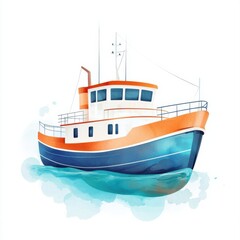 Naklejka premium Watercolor boat scene harbor digital art calm waters front view serenity, isolated on white background